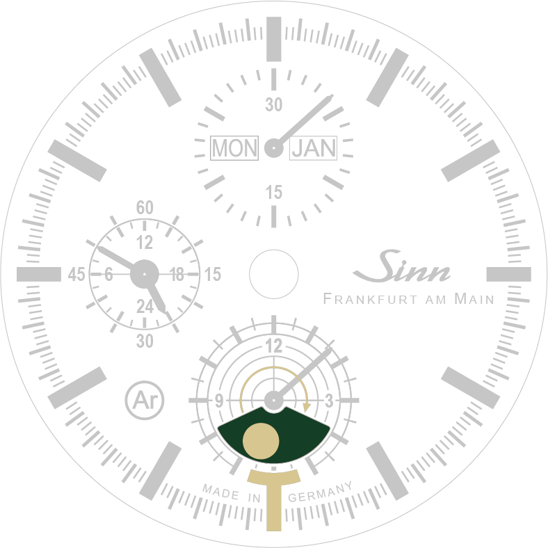 Detail of a Sinn hunting watch dial showing the moon phase display with the waning moon indicated in the lower moon phase window.